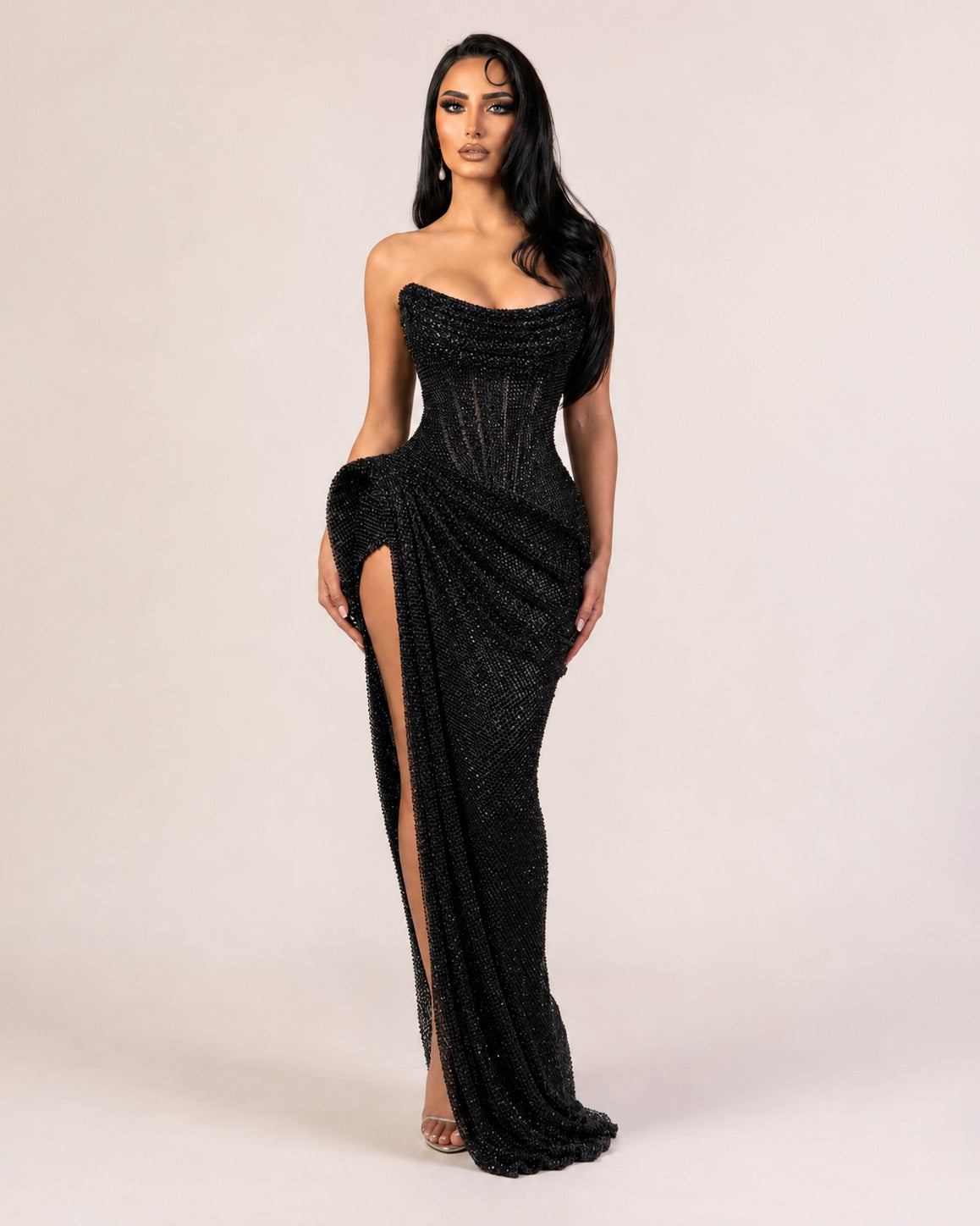 Black Crystal Corset Draped High-Slit Gown - SimmiUnique
