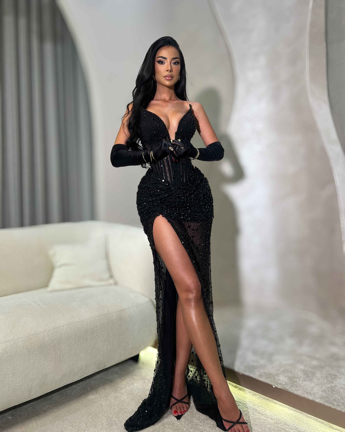 Black Crystal Corset Gown with Sheer Draped Skirt and High Slit - SimmiUnique