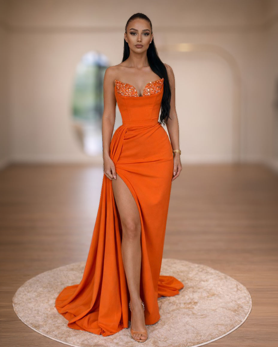 Orange Crystal Corset Gown with High Slit - SimmiUnique