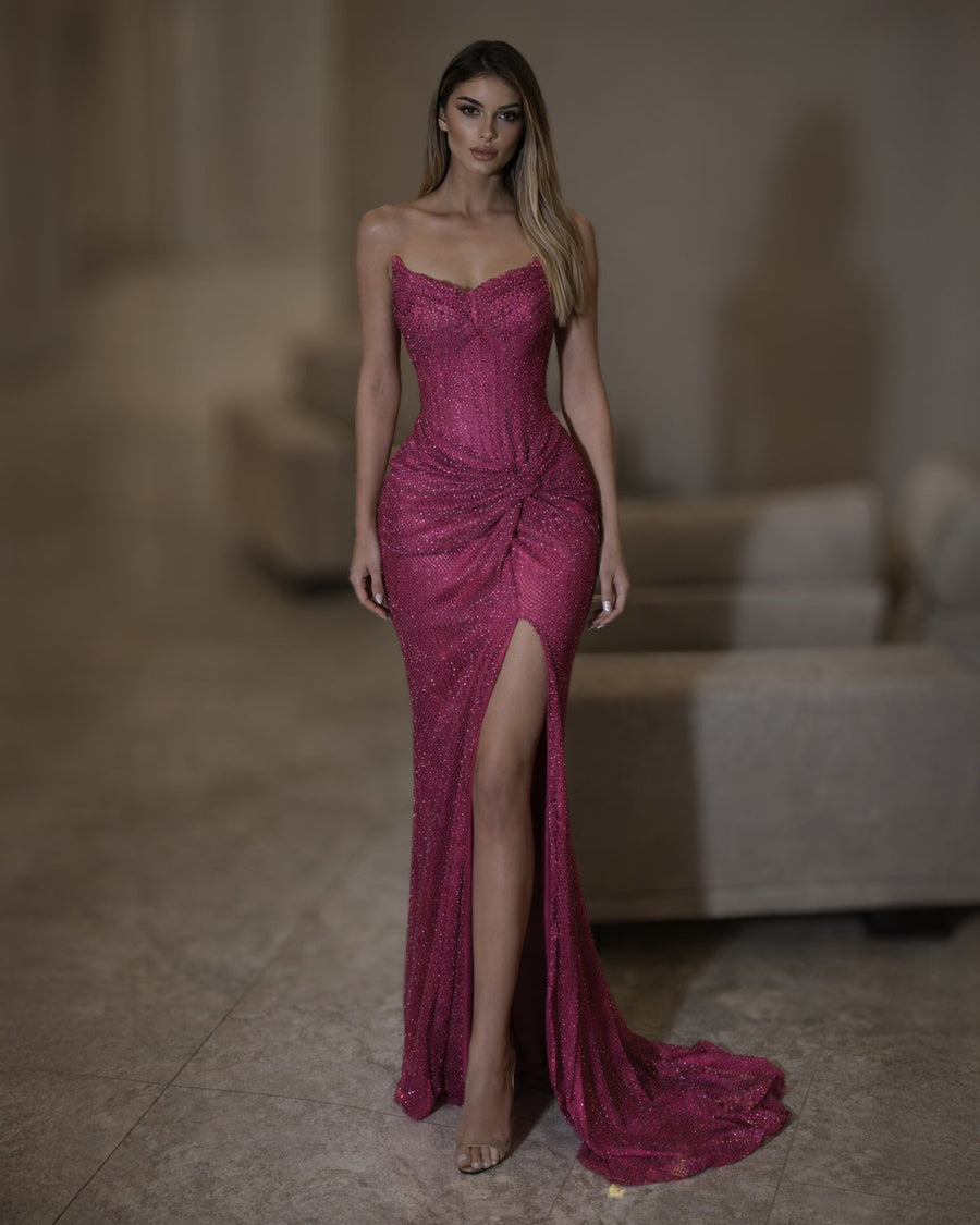 Fuchsia Crystal Strapless Corset Dress with Slit