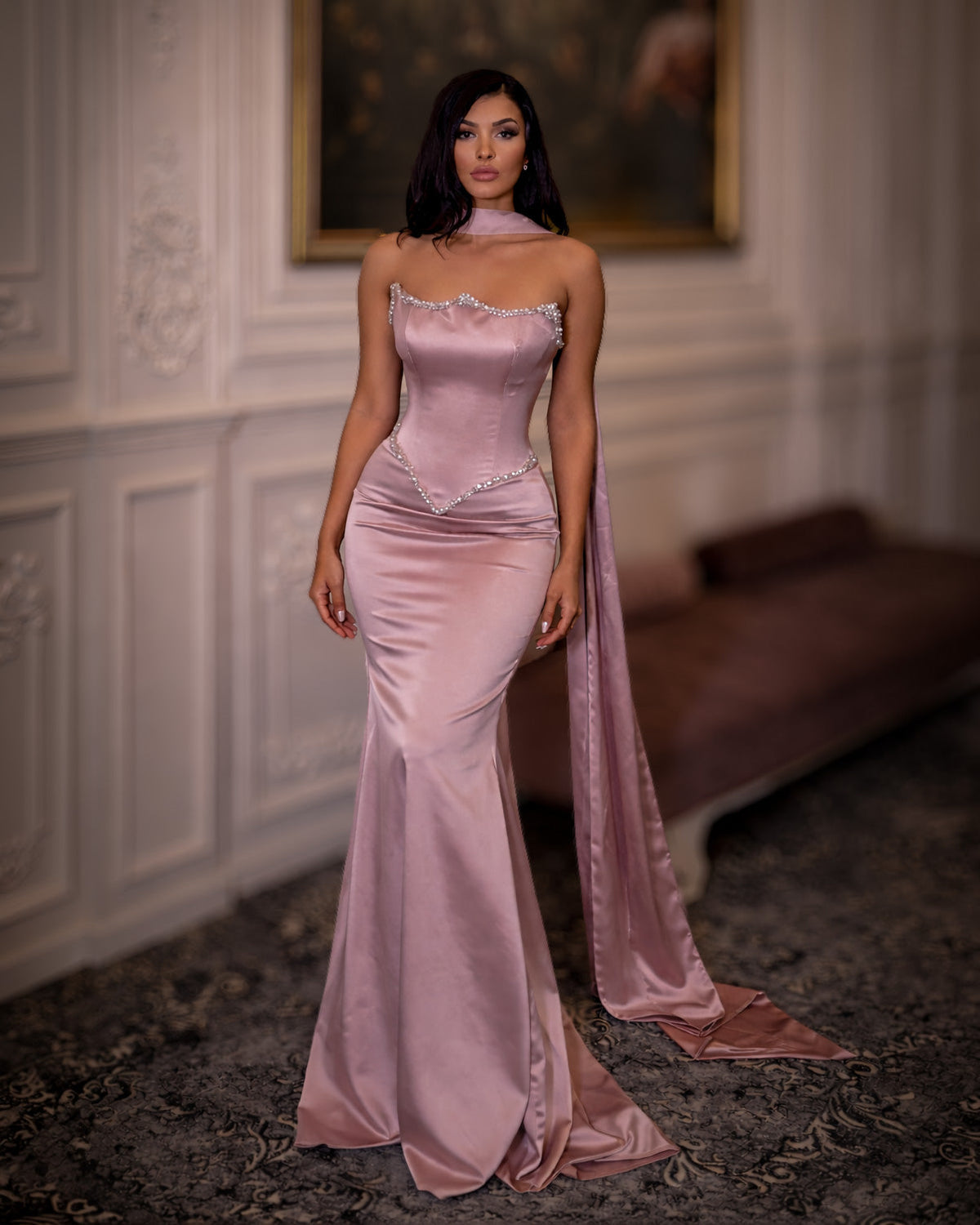 Rose Blush Satin Corset Gown with Crystal Trim - SimmiUnique