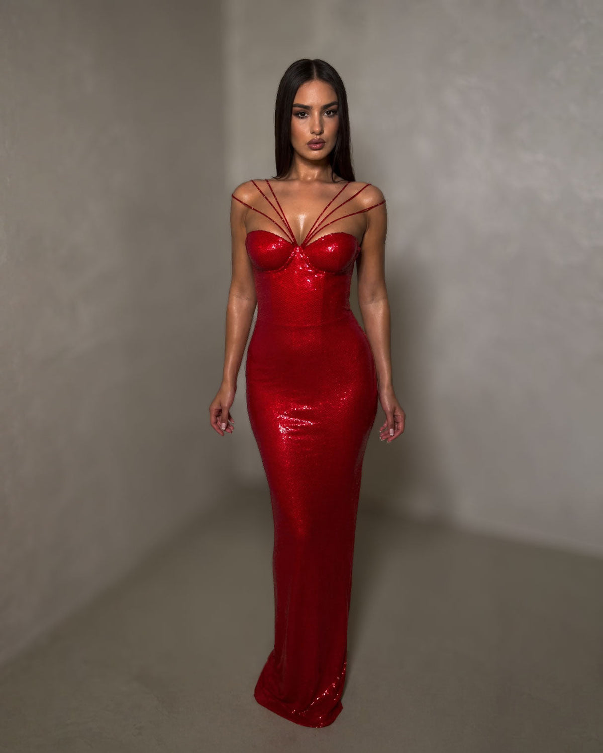 Red Crystal Strap Mermaid Evening Gown - SimmiUnique