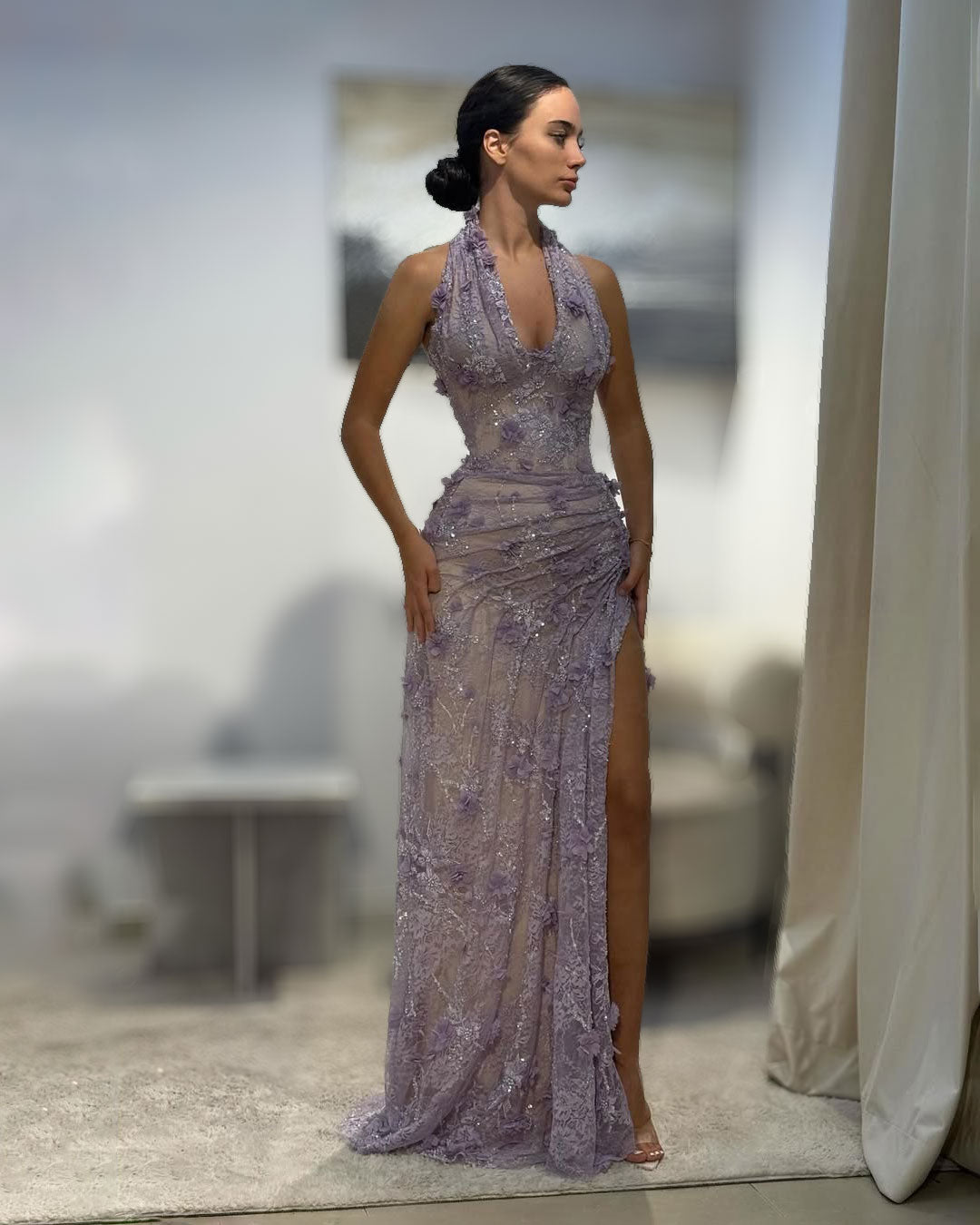 Lilac 3D Floral Draped Halter Gown With High Slit - SimmiUnique