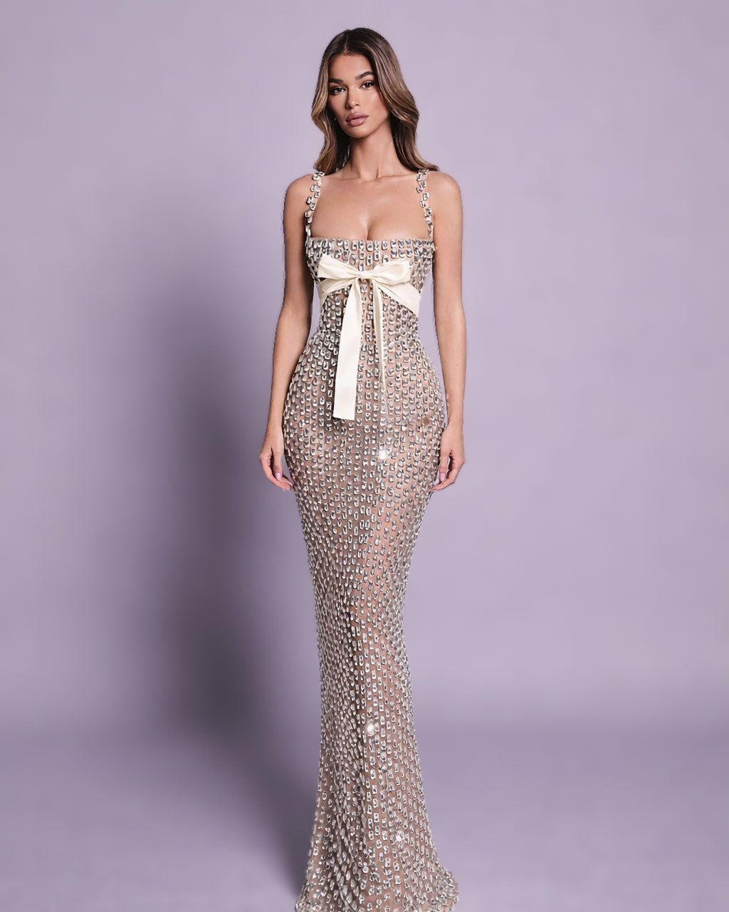 Nude Crystal Bow Embellished Corset Gown - SimmiUnique