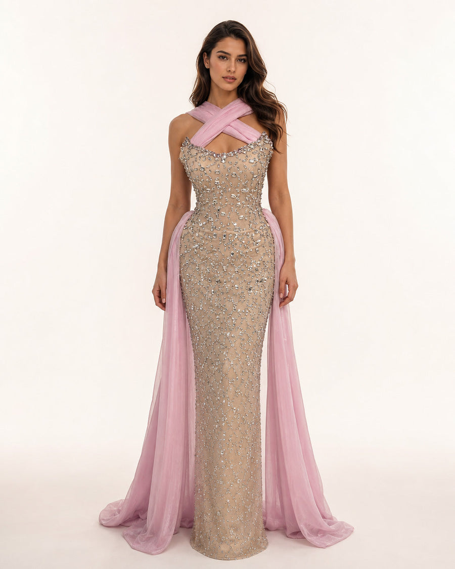 Nude Crystal Gown with Pink Draped Halter Detail