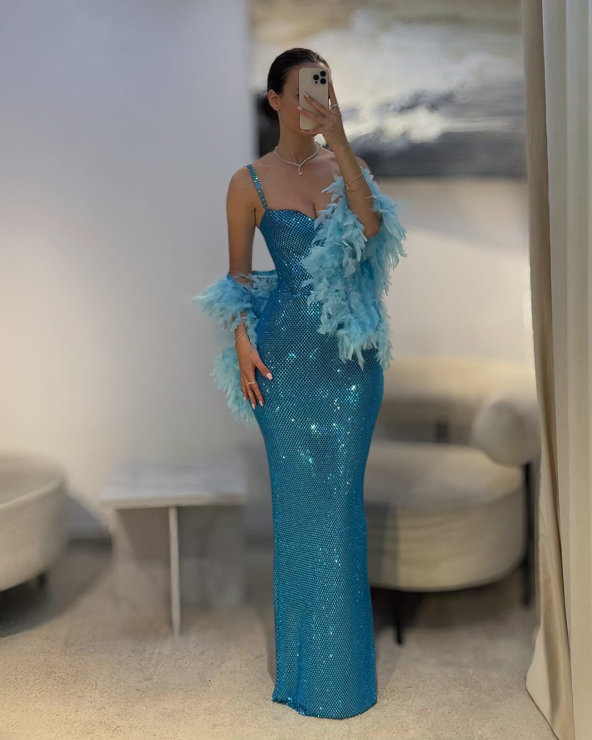 Ocean Blue Crystal Column Gown With Feather Stole - image 2