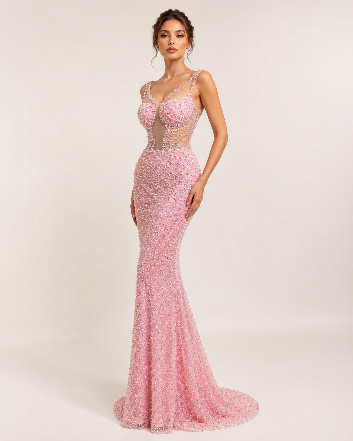 Blush Pink Beaded Illusion Corset Mermaid Prom Dress - image 2