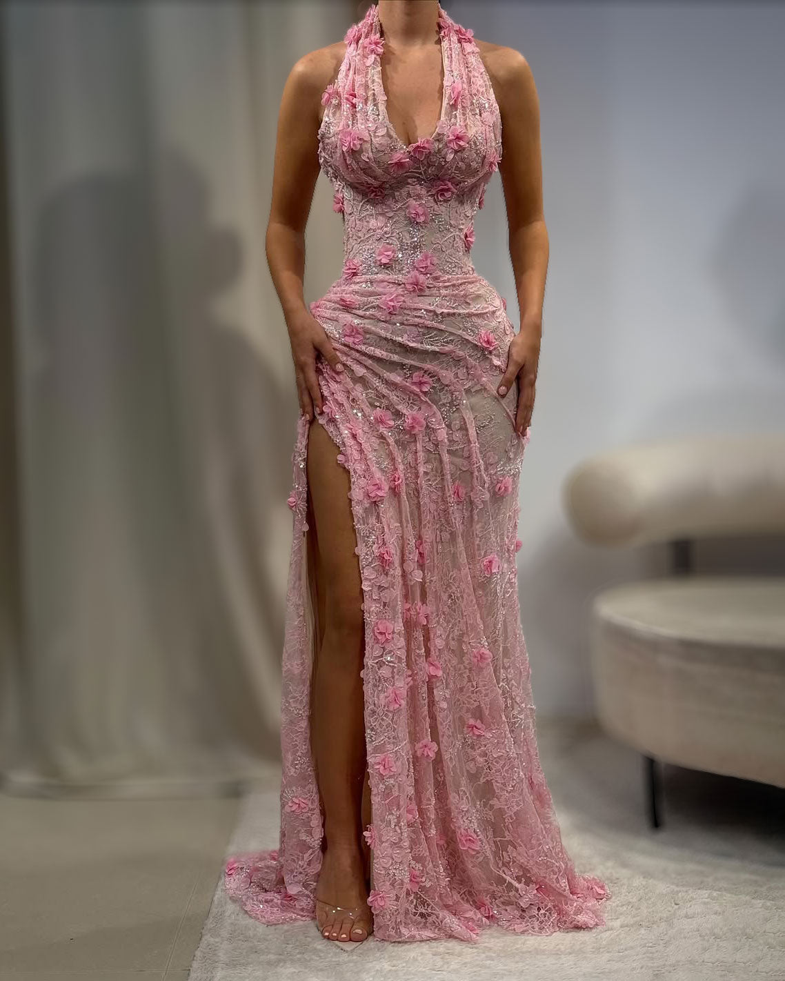 Pink Floral Lace Halter Couture Gown With High Slit - image 1
