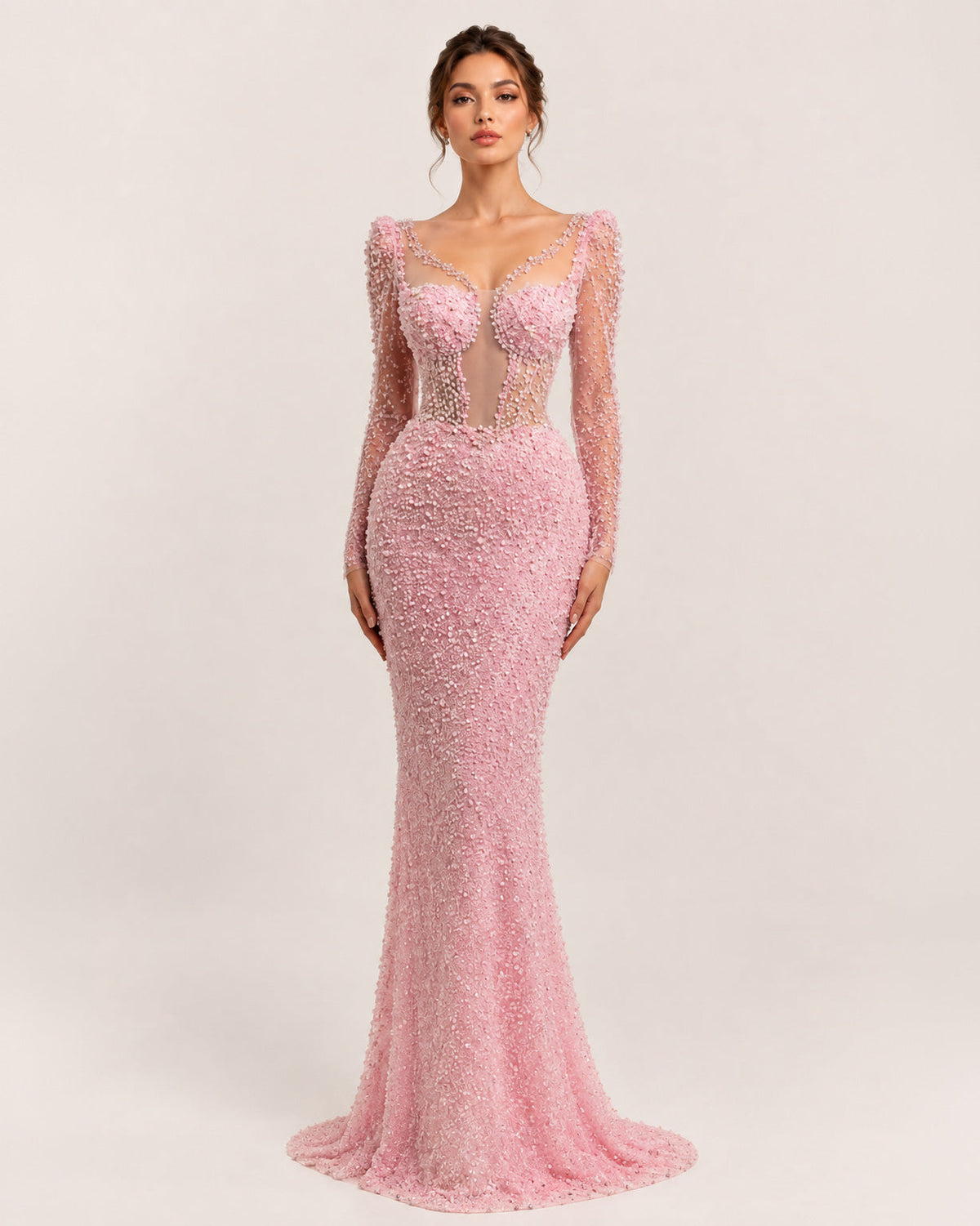 Blush Pink Long Sleeve Beaded Illusion Corset Mermaid Dress - image 2