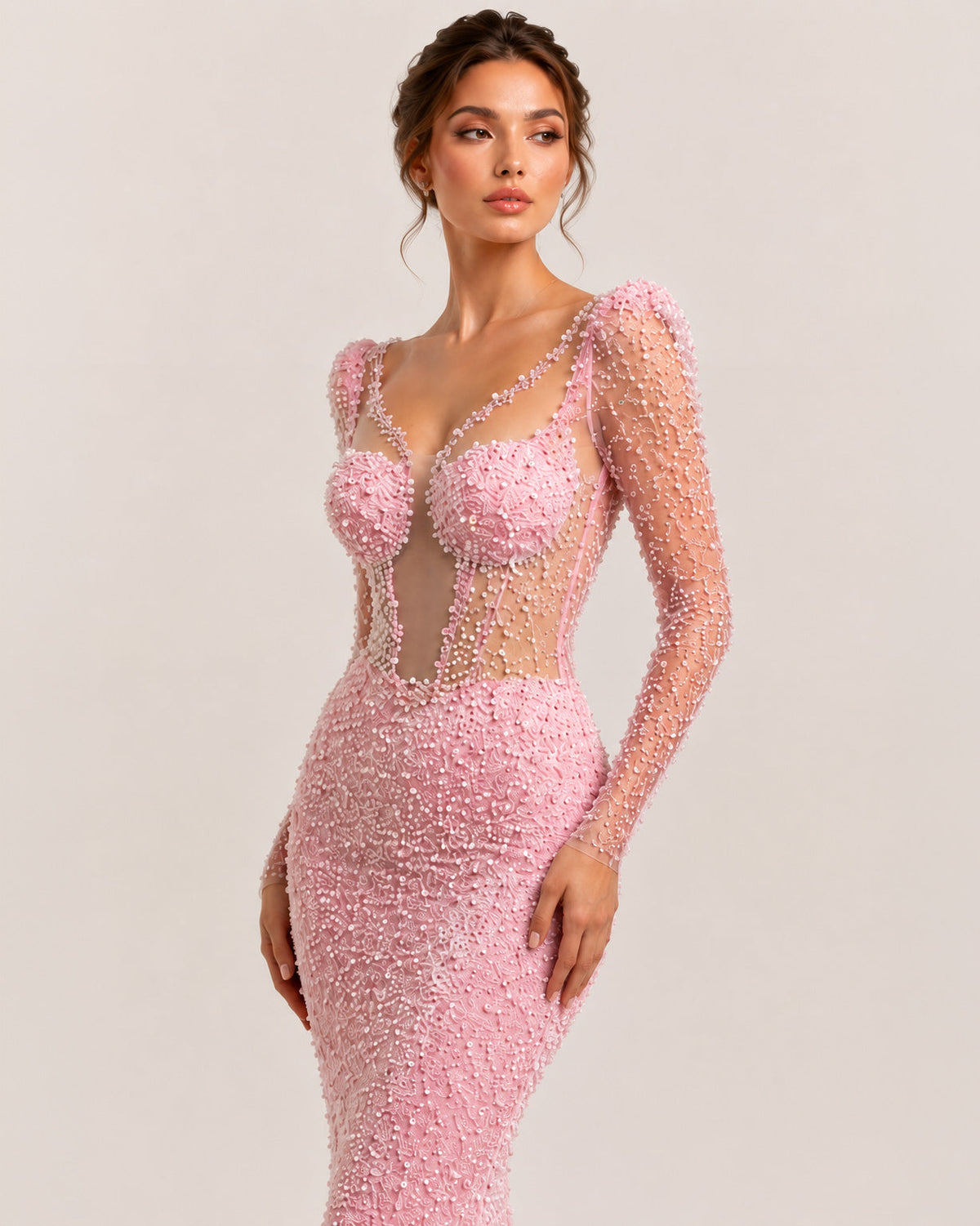 Blush Pink Long Sleeve Beaded Illusion Corset Mermaid Dress - image 3