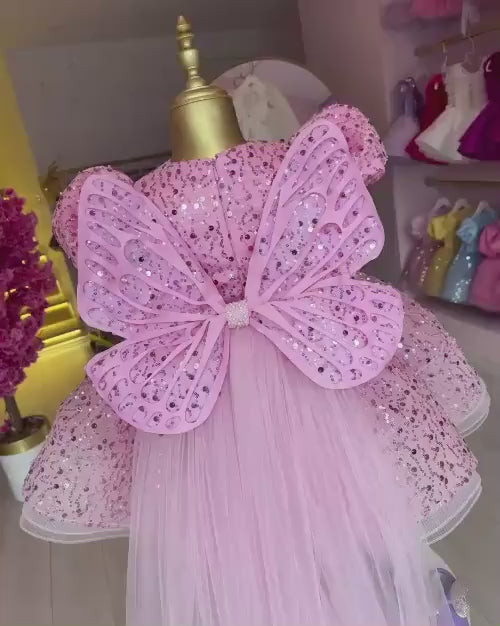 Pink Pearl Back V Puffy Baby Girl Birthday Dress