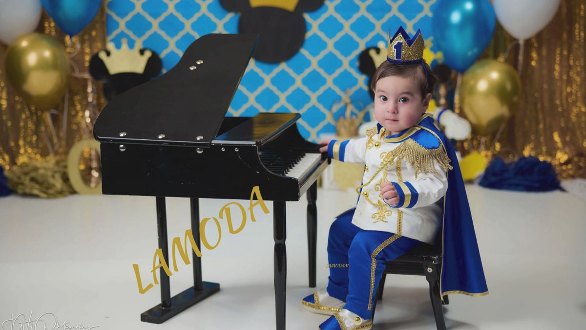 Baby Boy Prince Costume – Royal Blue & Gold Cape, Crown & Belt Set