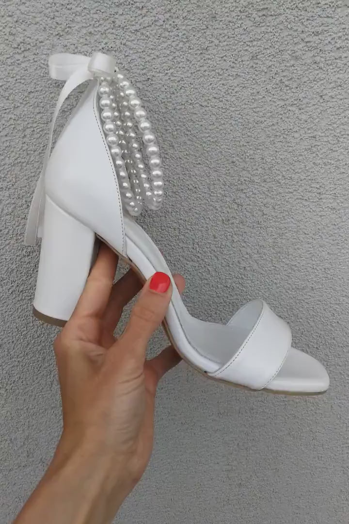White Leather Block Heels