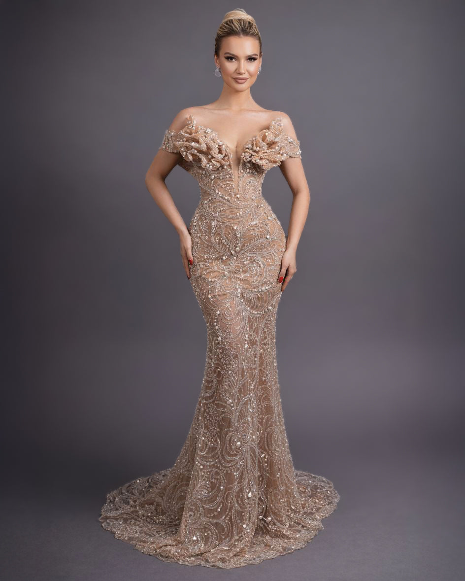 Champagne Crystal Corset Dress with Floral Appliqué - SimmiUnique