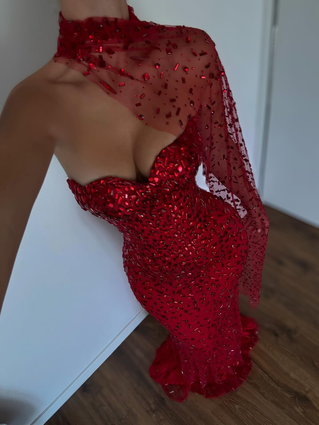 Ruby Red Crystal Mermaid Gown With Illusion Drape - image 3