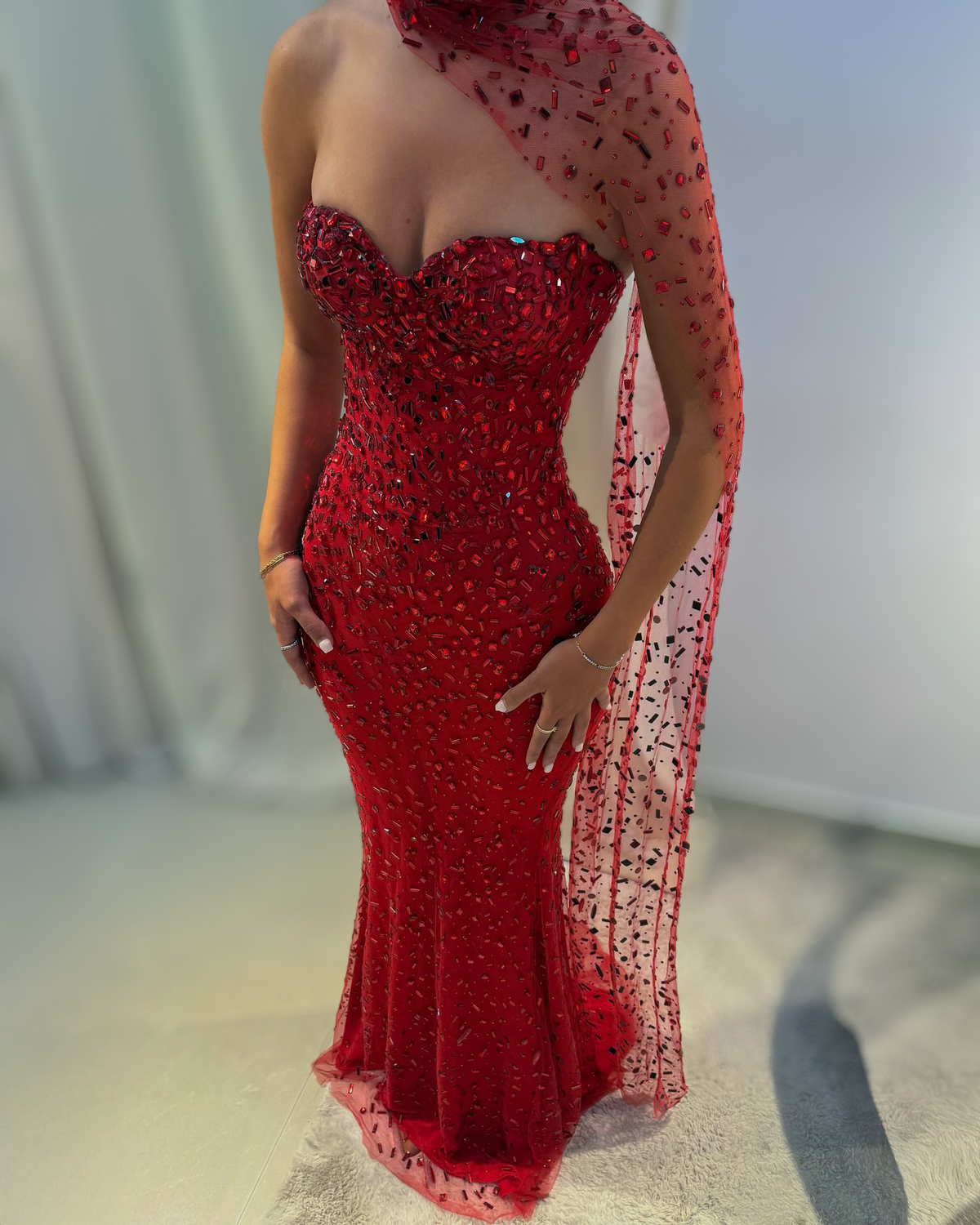 Ruby Red Crystal Mermaid Gown With Illusion Drape - image 4