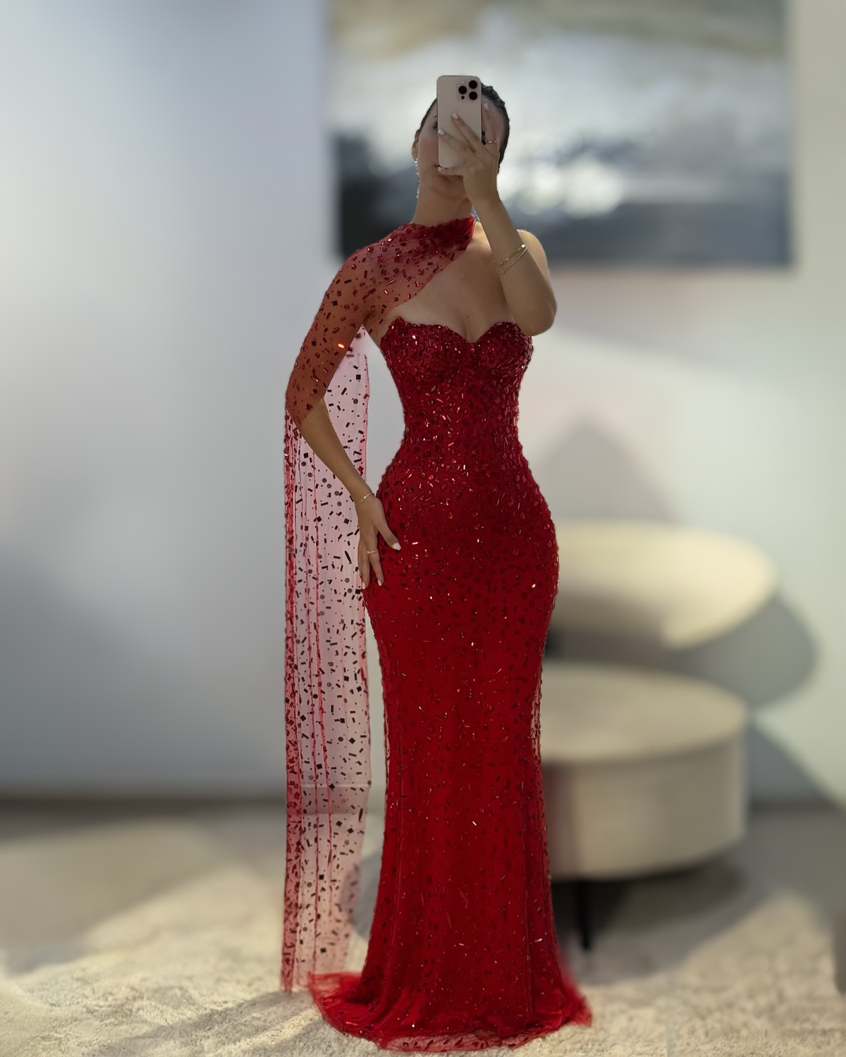 Ruby Red Crystal Mermaid Gown With Illusion Drape - image 5