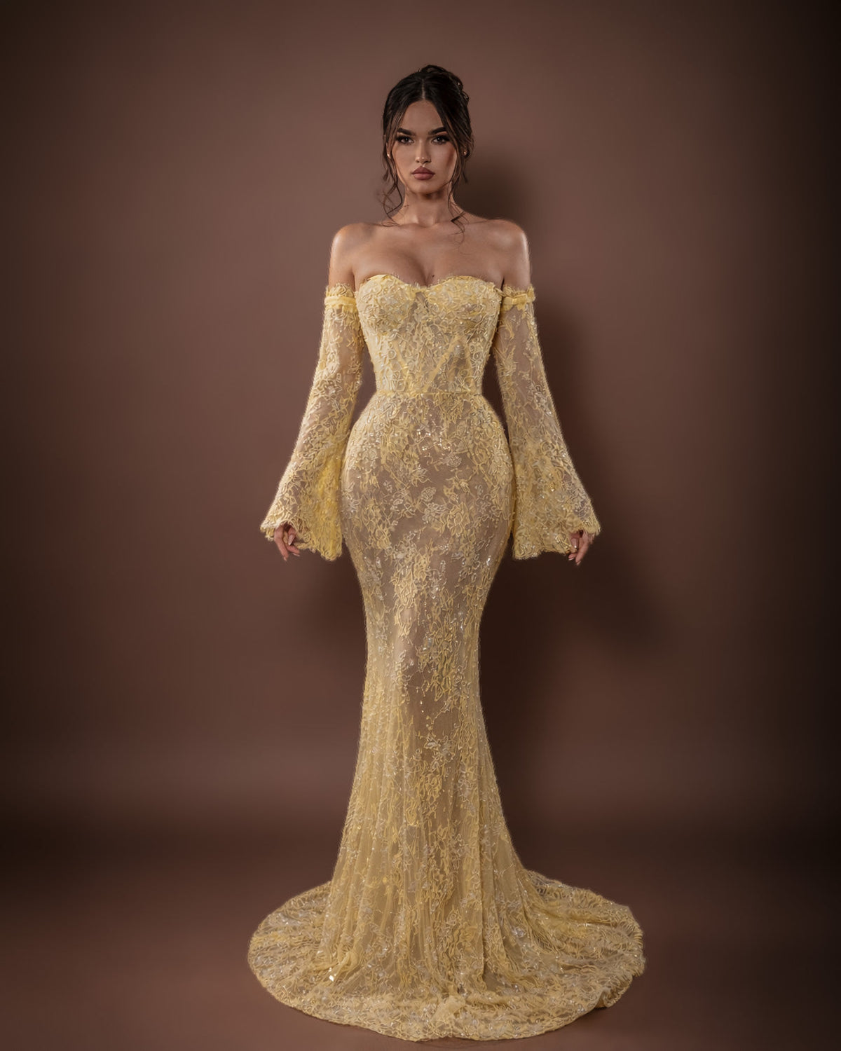 Butter Yellow Off-Shoulder Lace Mermaid Gown - SimmiUnique