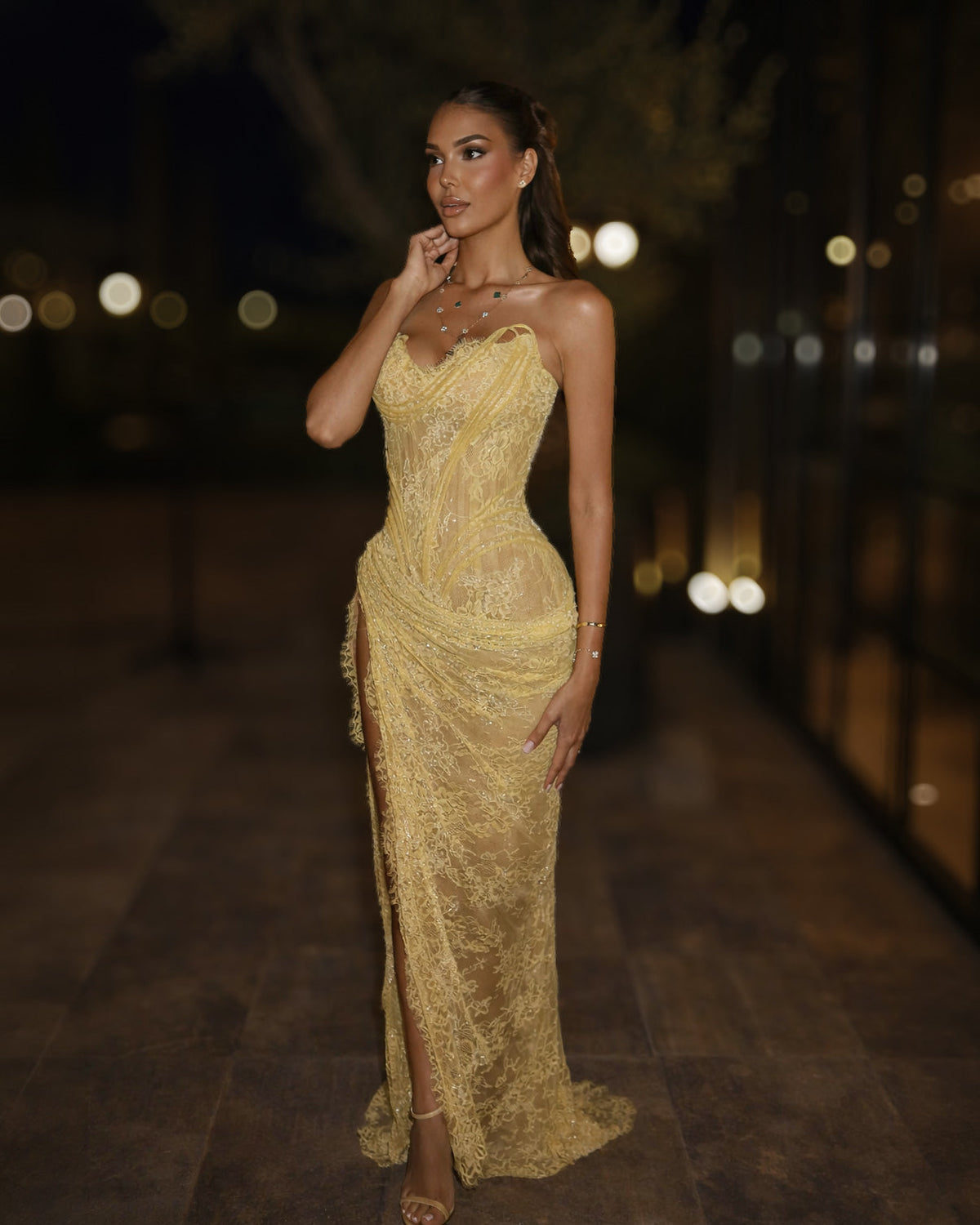 Butter Yellow Lace Corset Gown with High Slit - SimmiUnique