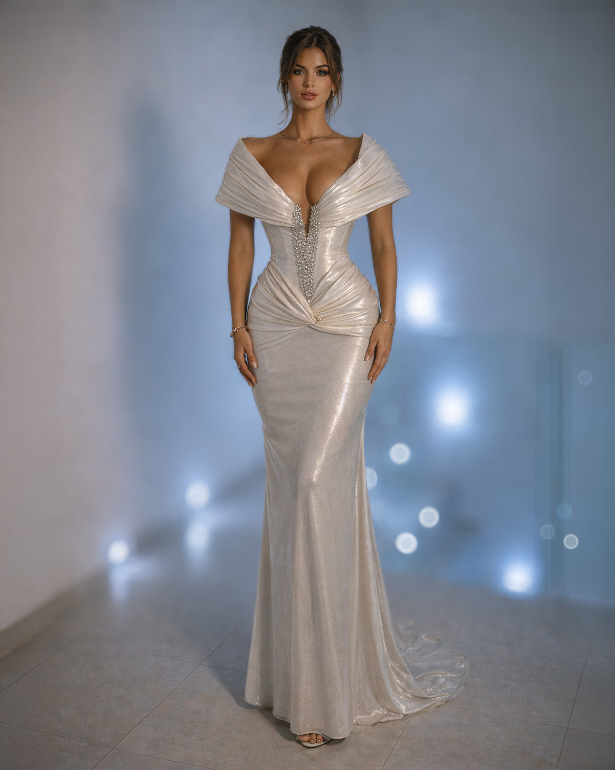 Ivory Draped Corset Evening Gown with Crystal Center Detail - SimmiUnique