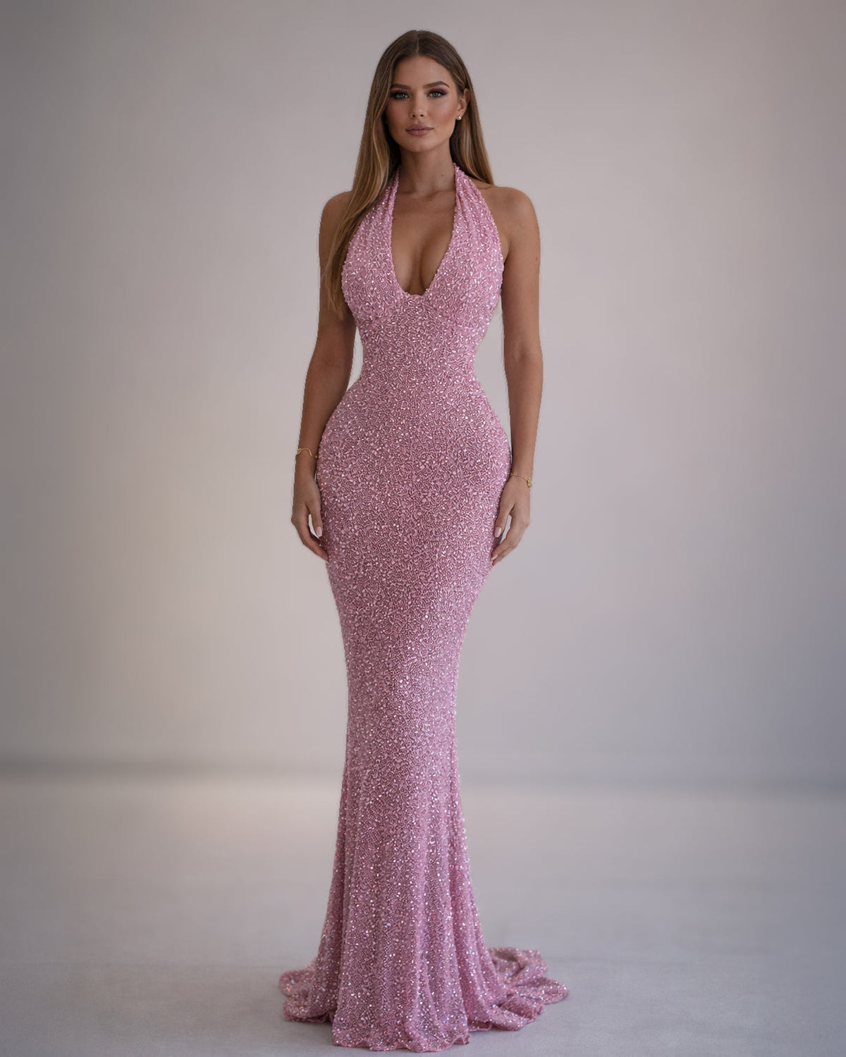 Pink Crystal Halter Corset Dress with Deep V Neck - SimmiUnique
