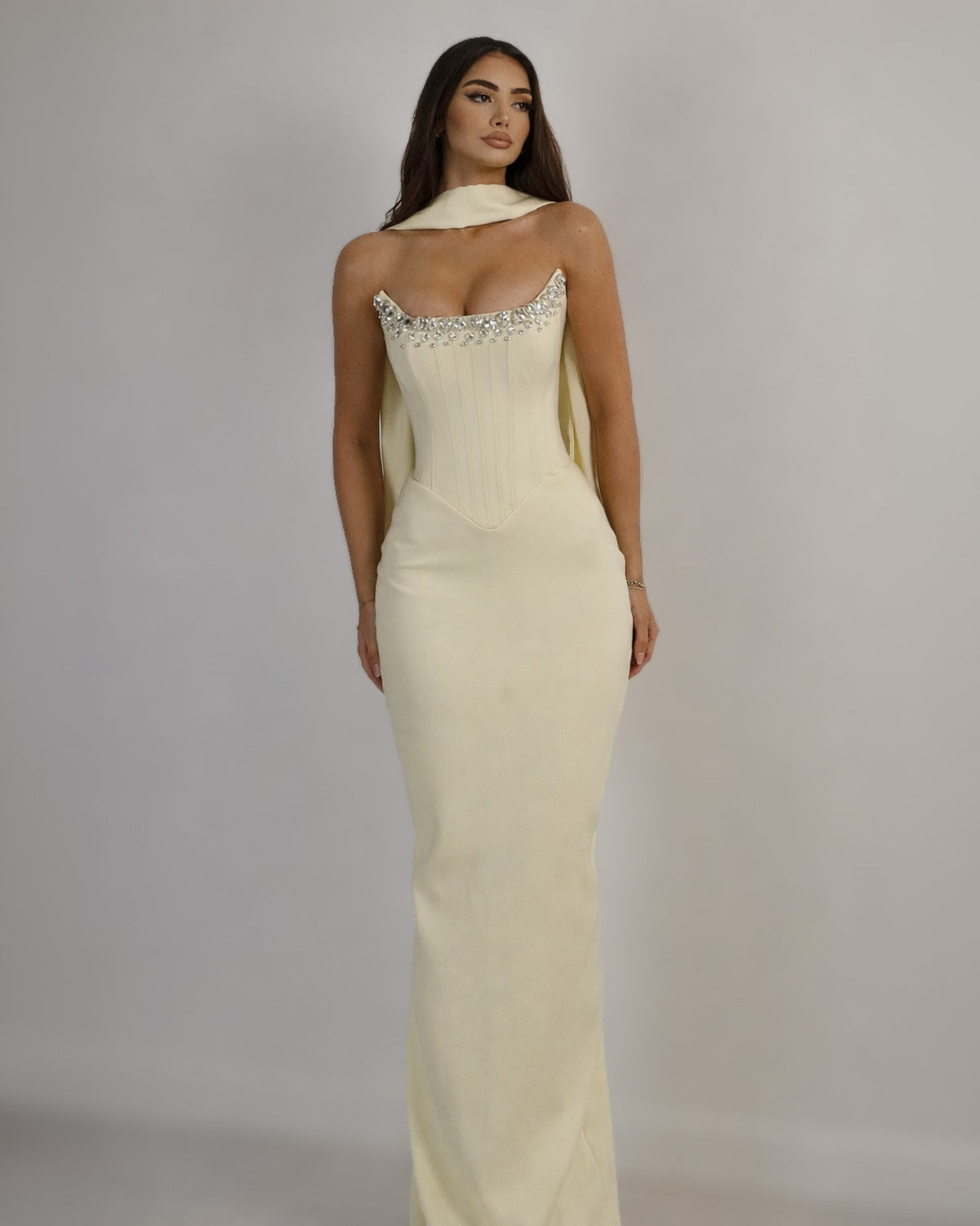 Ivory Crystal Corset Column Gown with Scarf Detail - SimmiUnique
