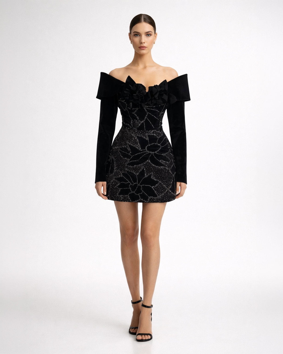 Black Off-Shoulder Embellished Long Sleeve Mini Dress - SimmiUnique